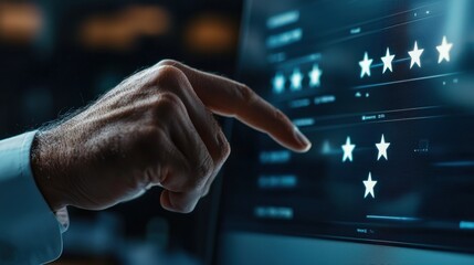 Leinwandbilder - A hand pointing at a screen with five stars
