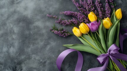 Wall Mural - Elegant flat lay with tulip bouquet, mimosa branches, and a graceful lilac ribbon, festive Women's Day arrangement