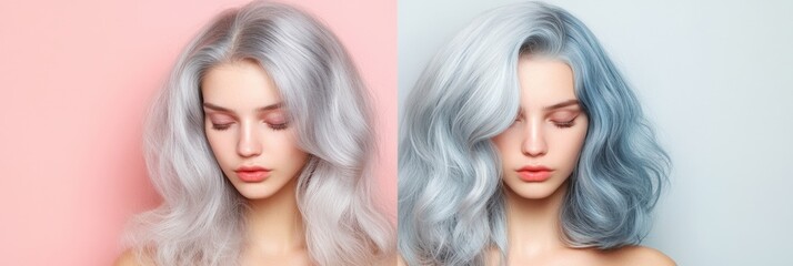Poster - Gray hair transformation to vibrant dyed shades showcasing beauty and style with text space. Generative AI