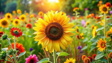 Wall Mural - Vibrant sunflower blooms amidst lush green foliage and colorful flowers in a sunny summer garden filled with yellow petals and seeds, flower field, garden