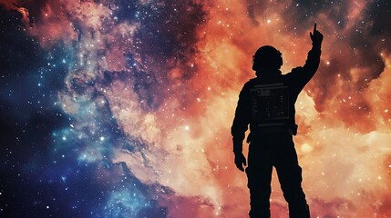 a silhouette of an astronaut points toward a vibrant, cosmic nebula background