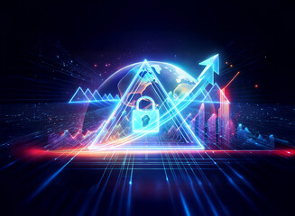 Wall Mural - A glowing digital padlock is centered in a triangle, symbolizing security in a global, interconnected network represented by the earth behind it.  An upward arrow and graph suggest growth and progress