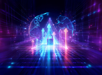 Canvas Print - Futuristic digital world with upward arrows and a central padlock symbolizing global online security in vibrant purple and blue.