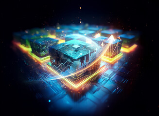 Wall Mural - a futuristic grid of glowing cubes forms an abstract network. an upward arrow signifies progress and