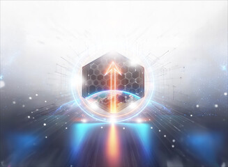 Wall Mural - image presents a futuristic technological concept with a central hexagon shape containing an upward 