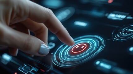 Leinwandbilder - A hand is pointing at a smiling face on a screen