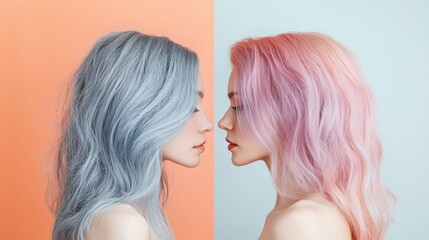 Poster - Gray hair transforms into vibrant pink and purple hues in creative beauty showcase. Generative AI