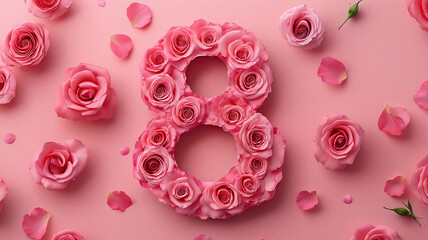Wall Mural - March 8th celebration card with pink number 8 and roses on a pink background
