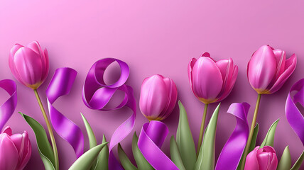 Wall Mural - international women’s day 8th march template with ribbon and tulips design