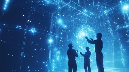 Engineers Analyze Futuristic Interface with Glowing Network Lines and Data