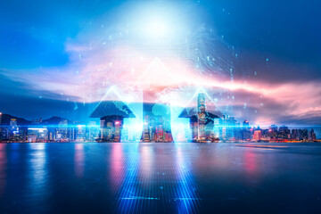 Poster - Hong Kong skyline with double exposure concept showing digital growth. Upward arrows and lines convey a growing, modern future in the vibrant city.