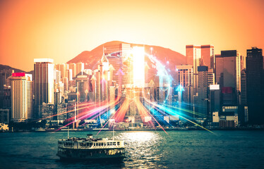 Poster - Hong Kong cityscape with double exposure effect, symbolizing a growing up concept of urban development.  Bright lights and colors enhance the futuristic city view.