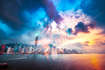 Poster - Double exposure concept showing Hong Kong's skyline with arrows growing upwards into the colorful sky. Symbolizes urban growth and progress in a vibrant setting.