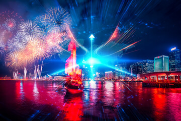 Poster - Hong Kong cityscape with vibrant fireworks display over water, using a double exposure effect. A concept of growing up and forward progress illuminates the night sky.