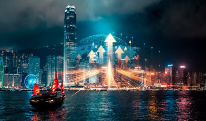 Poster - Hong Kong at night with a double exposure effect, arrows growing up over the cityscape, a concept representing urban growth and development.