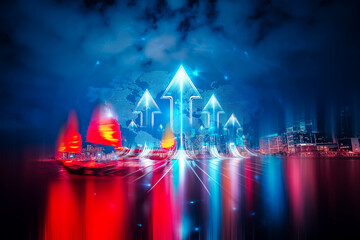 Poster - Hong Kong concept of growing up with double exposure effect featuring junk boats and city skyline with upward arrows.