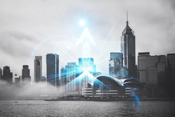Poster - Hong Kong cityscape with double exposure effect, showcasing a growing concept. An arrow of light points up, symbolizing urban development and progress.