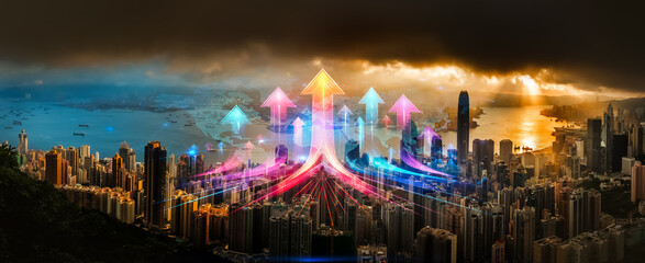 Poster - Double exposure of Hong Kong cityscape with upward arrows. Growing up concept showing city progress and development.