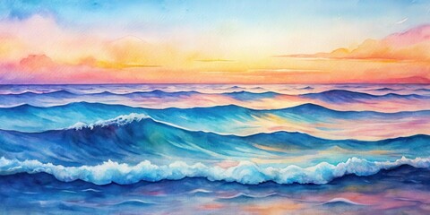 Wall Mural - Serene Ocean Waves at Sunset A Captivating Watercolor Painting of Rolling Blue Water Under a Vibrant Sky