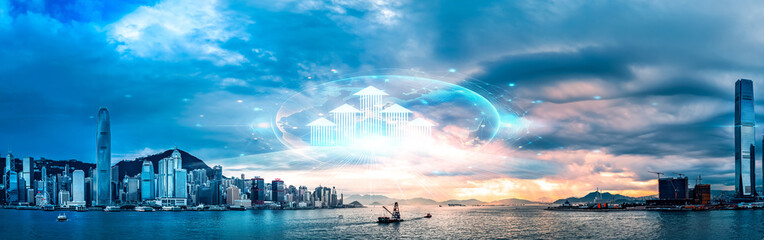 Poster - Hong Kong cityscape with a glowing orb effect, using double exposure technique. Conceptual image of urban growing and future development.