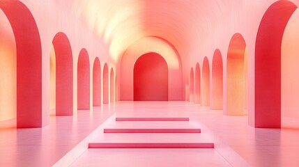 Wall Mural - Pink arched hallway, sunset light, steps, product display