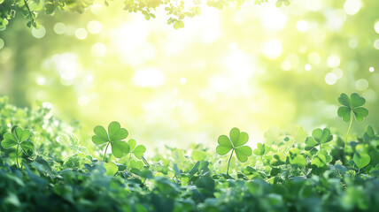 Wall Mural - beautiful four-leaf clovers glowing in sunlight with a dreamy bokeh background for st patrick’s
