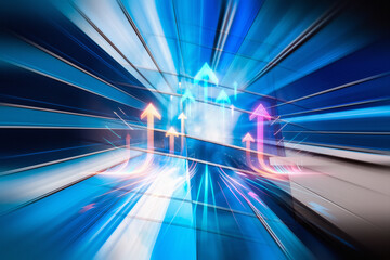 Fototapete - A business concept image symbolizing growth in Hong Kong, featuring dynamic upward arrows against a vibrant blue abstract backdrop.
