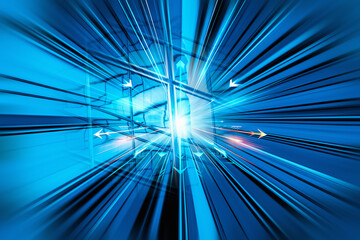 Fototapete - Bright blue conceptual image suggesting fast business in Hong Kong.  Abstract light beams and directional arrows convey speed and global connections.