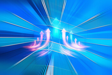 Poster - Abstract concept of business growth in Hong Kong. Arrows moving upwards with speed and light in a dynamic blue background.