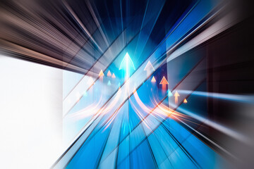 Aufkleber - Abstract concept of business growth in Hong Kong. Dynamic blue and brown lines with upward arrows suggest progress and direction in a modern setting.