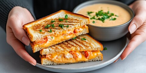 Professional chef presenting gourmet grilled lobster sandwich with melted cheese, accompanied by creamy cheese sauce and chive garnish