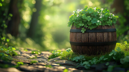 Wall Mural - lush clover barrel nestled in a magical st patrick’s day forest, evoking luck and celebration