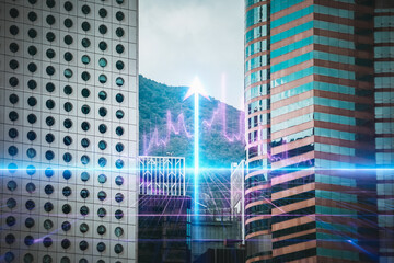 Poster - Hong Kong cityscape with modern skyscrapers under daytime sky.  An upward arrow with a graph overlay represents a business concept of growth and success in the financial district.