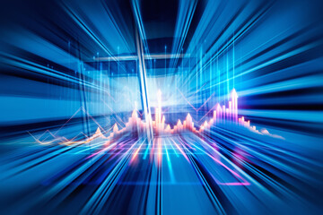 Aufkleber - Abstract business concept visualizing Hong Kong's fast-paced financial market. Blue tones represent digital data and rapid economic trends.