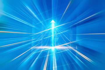 Fototapete - Abstract blue lines converge on an arrow, a dynamic business concept image. Symbolizes growth and forward direction, possibly in Hong Kong.