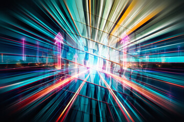 Poster - Abstract business concept for Hong Kong. Dynamic, fast-paced urban cityscape with upward arrows and streaks of light suggesting growth and motion.