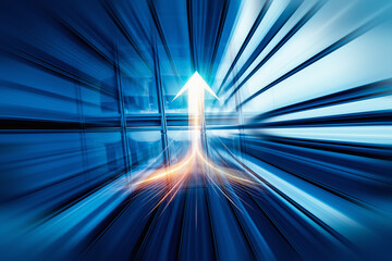 Fototapete - An arrow speeds forward in an abstract urban environment, embodying a business concept for growth and progress in dynamic Hong Kong.