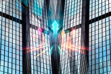 Poster - Modern skyscrapers in Hong Kong with vibrant arrows pointing upwards.  A concept image representing business growth and financial success in a bustling urban center.