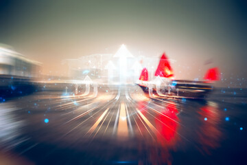 Leinwandbilder - Double exposure concept Hong Kong, growing up, upward movement, bright lights.