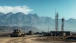 © tolem929 - Military vehicles in desert mountain base, communication towers