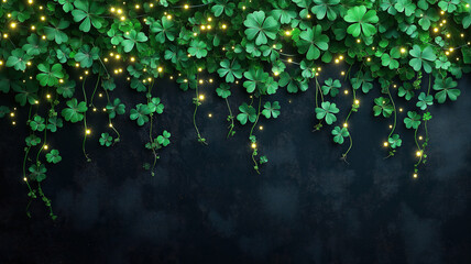 Wall Mural - stunning st patrick’s day decor with shamrocks, green garlands, and twinkling lights on a black back