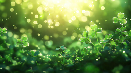 Wall Mural - sunlit four-leaf clover on a blurred bokeh sunny background symbolizing luck and fortune