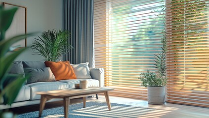 Poster - Sunny living room interior with wooden blinds