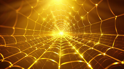 glowing spider web illuminated by golden light, creating mesmerizing pattern. intricate design draws eye towards center, evoking sense of wonder and beauty
