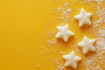 Wall Mural - Four star shaped candies on a yellow background with sprinkles