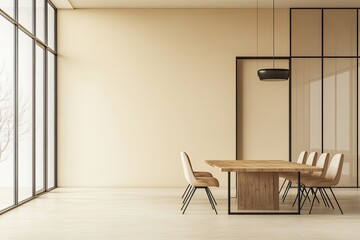 Poster - Beige modern dining room with large windows overlooking winter scene