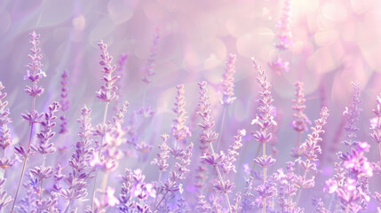 Wall Mural - Lavender flowers in dreamy, soft focus background create serene atmosphere. delicate purple hues and gentle light evoke sense of calm and tranquility