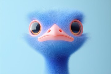 A cute, cartoonish blue ostrich with large expressive eyes and a fluffy texture, set against a light blue background.