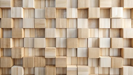 Wall Mural - Textured Wooden Block Wall Arrangement Abstract Background of Natural Light Brown Cubes