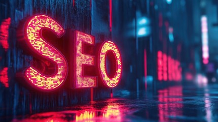 Glowing SEO sign, futuristic city backdrop, digital marketing concept